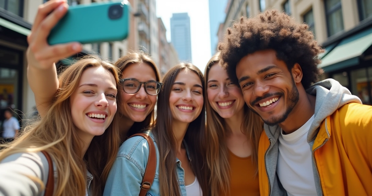 Grupo de amigos tirando selfie para redes sociais 
