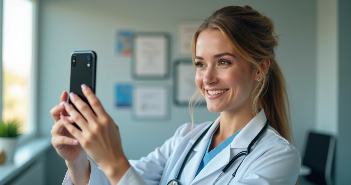 Médica segura o celular, se gravando no consultório