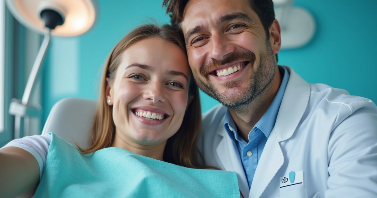 Paciente e dentista sorrindo para selfie na clínica