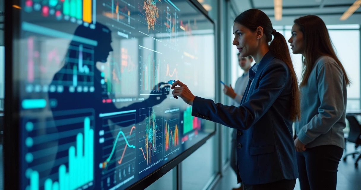 Equipe de vários níveis montando relatórios em um painel digital. 