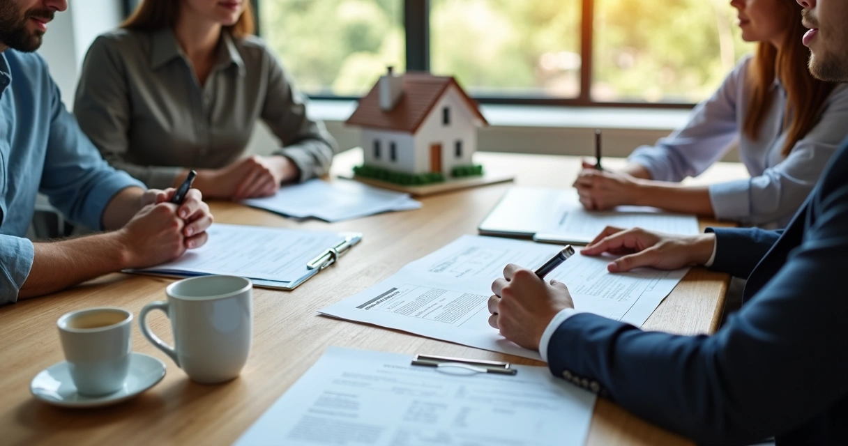 Realtor discussing contract with buyers and sellers at a table 