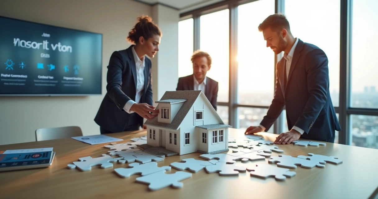Real estate agent and buyers fitting puzzle pieces shaped like closing costs around a small model house 