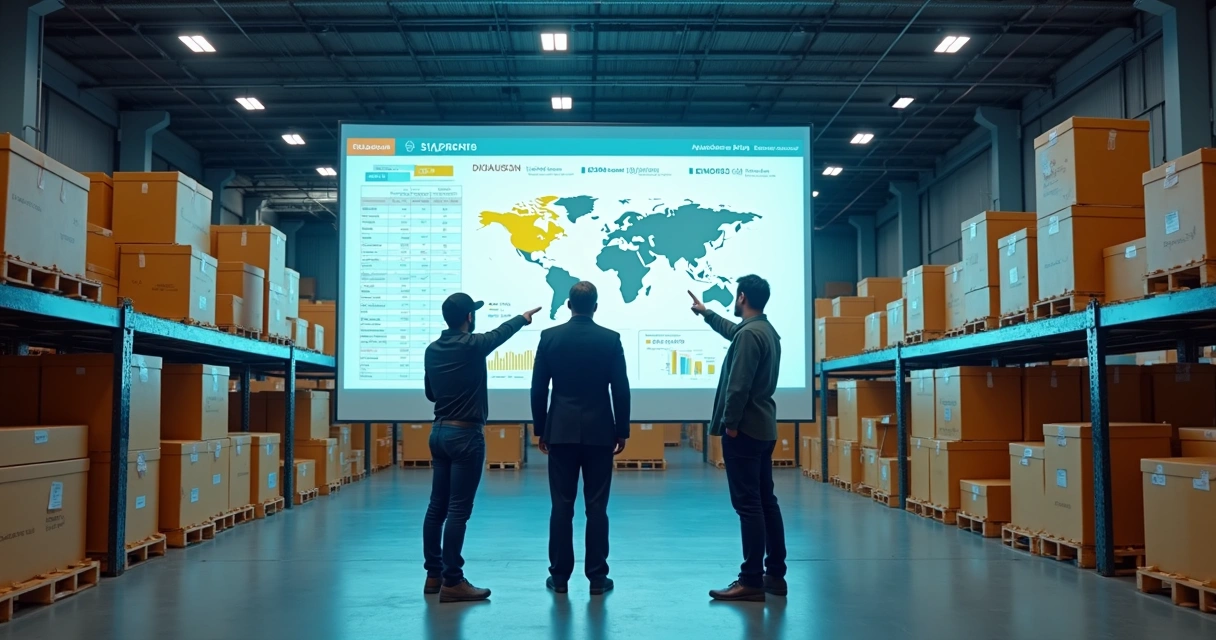 Equipe de vendedores em CD regional Mercado Livre Full analisando painel de vendas 