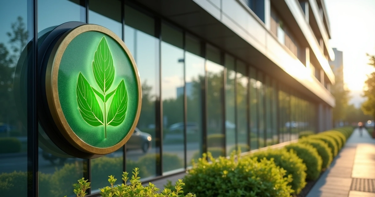 Edifício moderno com selo de certificação ambiental na fachada 