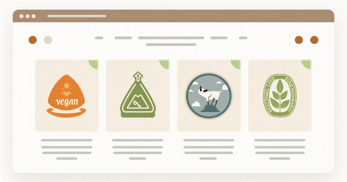 Área de um site de loja virtual exibindo selos de sustentabilidade ao lado de depoimentos de clientes