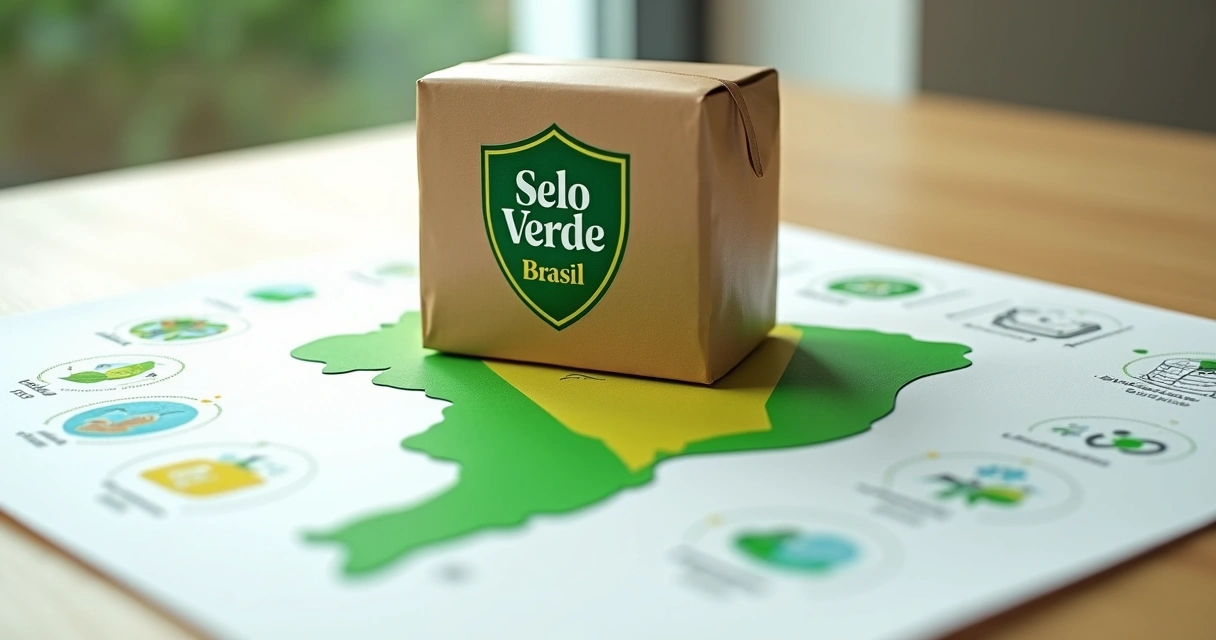 Produto com Selo Verde Brasil apoiado sobre mapa do Brasil e ícones de sustentabilidade ao redor 