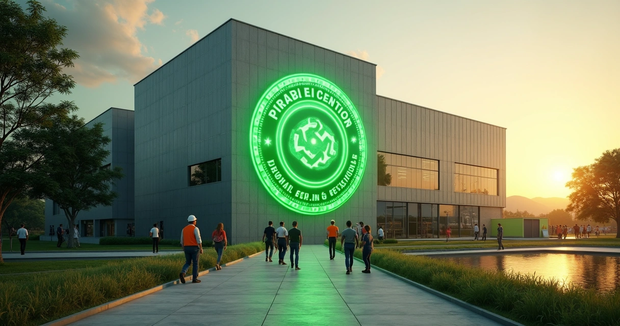 Fachada de indústria brasileira com selo verde gigante integrado a elementos ambientais sociais e econômicos 
