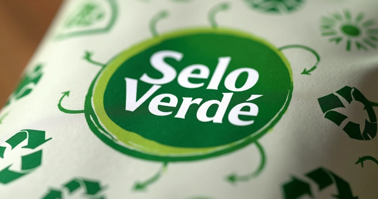 Produto com selo verde esboçado na embalagem e ícones de sustentabilidade 