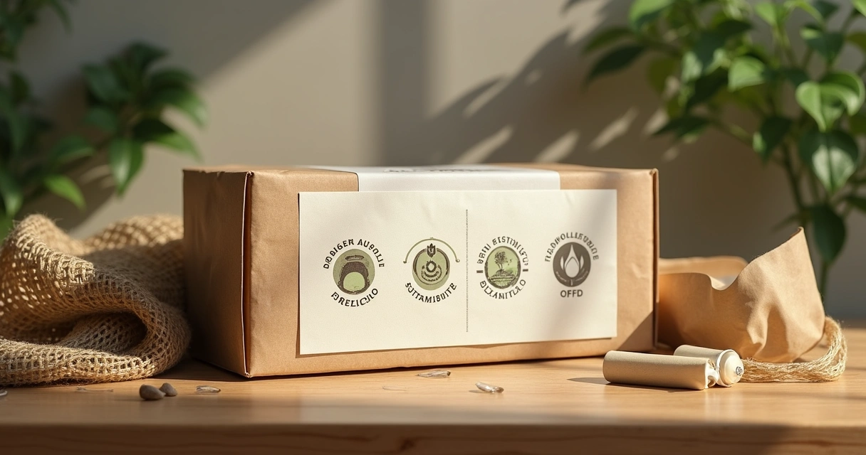 Embalagem de produto de e-commerce com vários selos de sustentabilidade visíveis