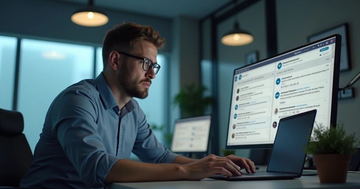 Homem olhando para o notebook sem receber respostas em redes sociais