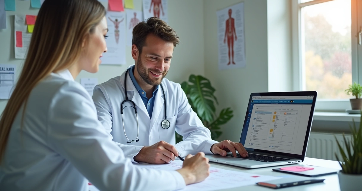 Médico planejando semana temática de conteúdos de cirurgia plástica com computador, bloco de notas ao lado. 