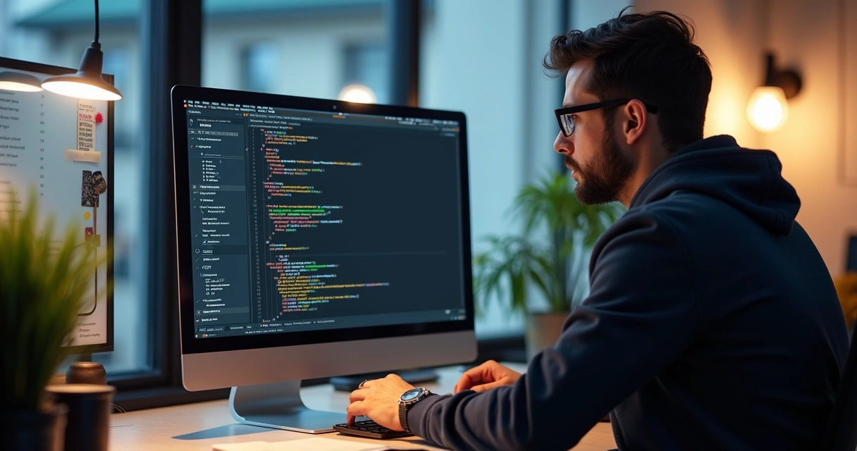 Developer coding semantic HTML structure on a screen