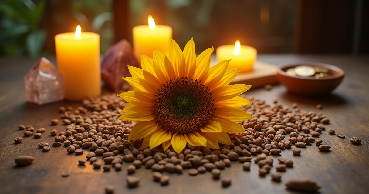 Sementes de girassol, velas, girassol e cristais em ritual esotérico 