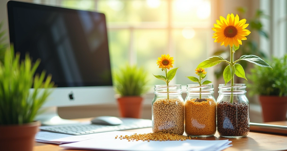 Potes de vidro com sementes variadas em cima de mesa de escritório com plantas 