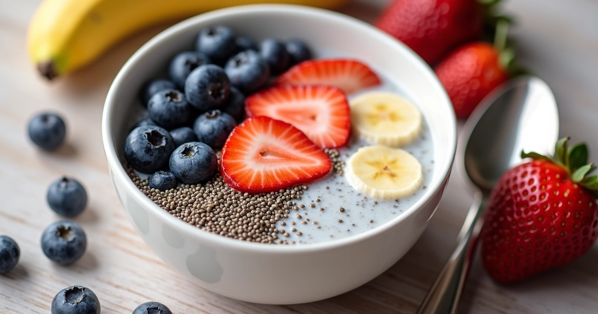 Tigela de sementes de chia com leite e frutas ao redor 