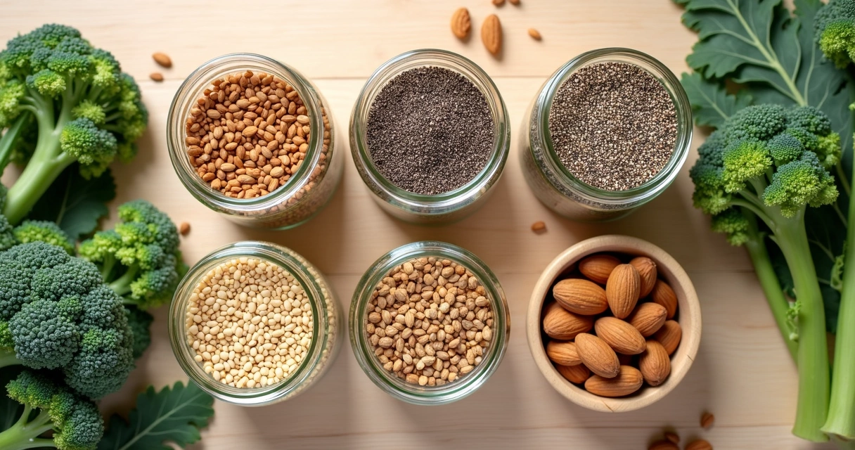 Sementes de gergelim, chia e amêndoas em recipientes de vidro lado a lado