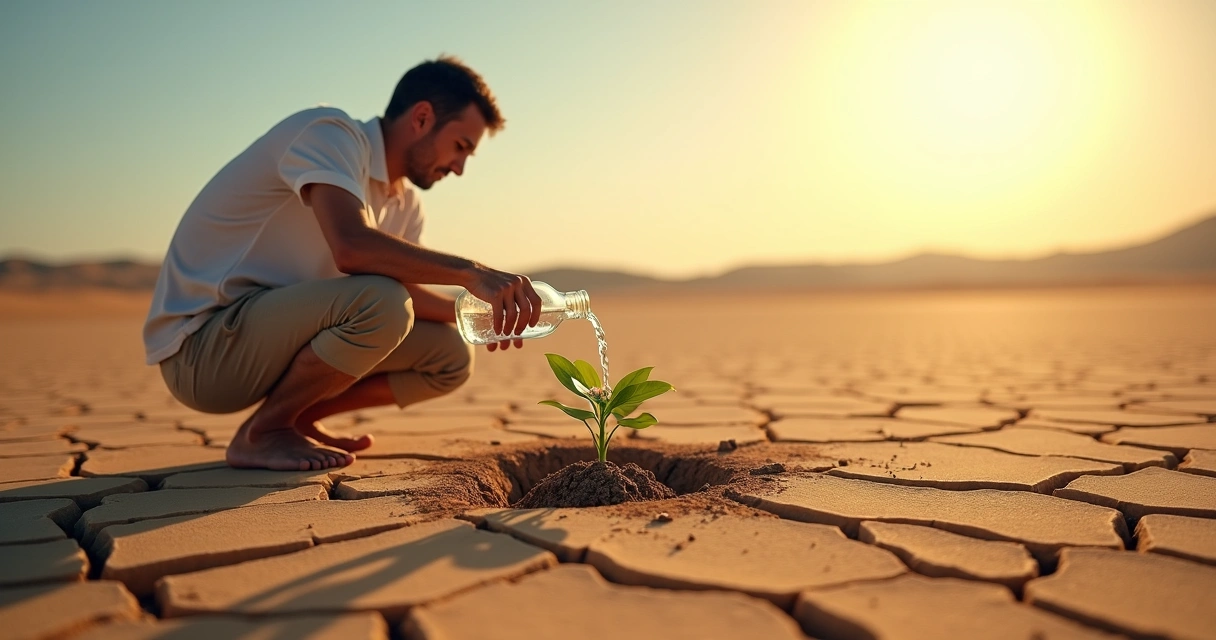 Pessoa ajoelhada em deserto seco regando pequena flor iluminada 