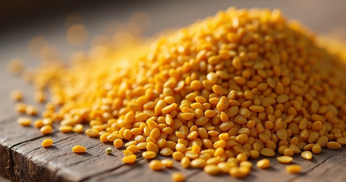 Sementes de feno-grego vistas de perto, destacando textura e cor amarelada 