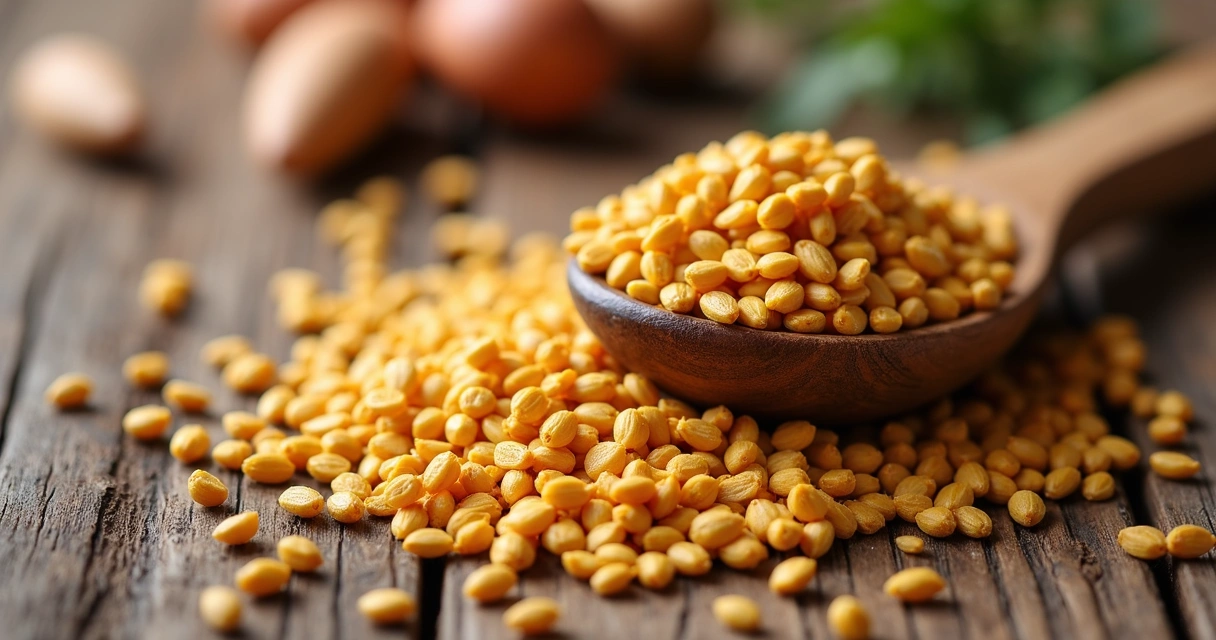 Sementes de feno grego espalhadas sobre mesa de madeira 