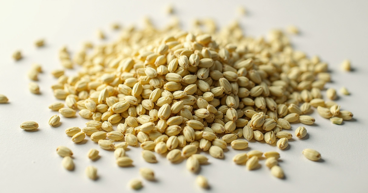 Sementes de funcho sobre fundo claro, com textura visível. 