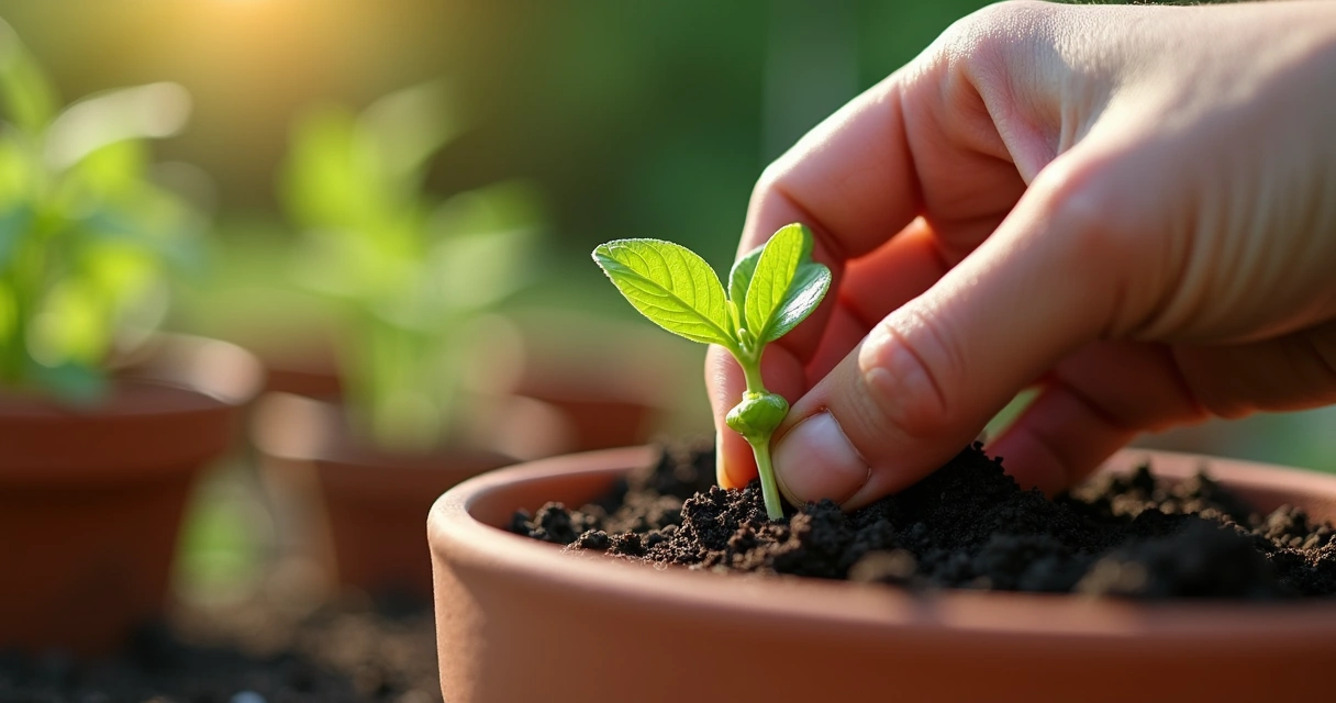Mão feminina plantando sementes em vaso de barro com brotos verdes 