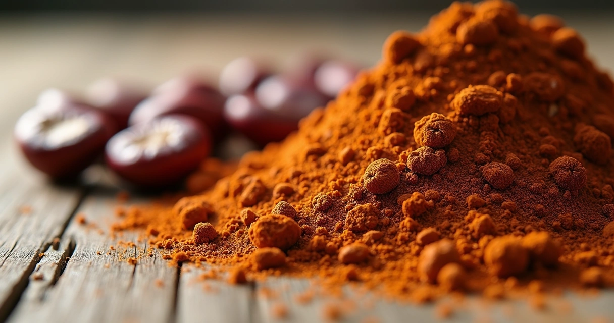 Sementes de guaraná e pó na mesa de madeira 