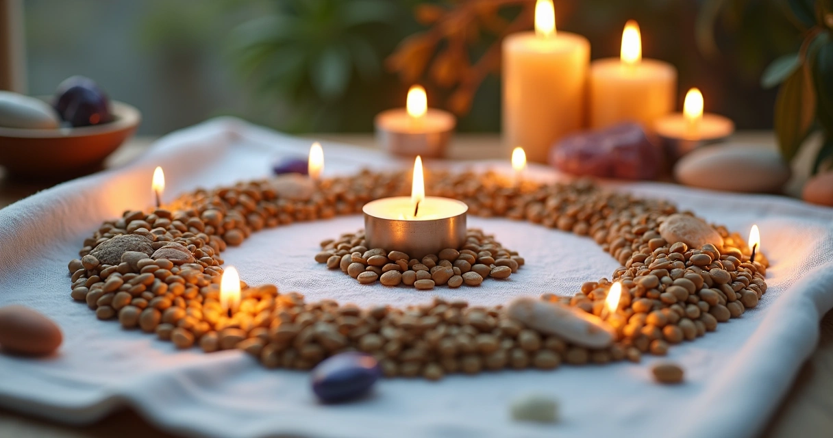 Várias sementes, como feijão, lentilha e girassol, posicionadas em círculo sobre um tecido branco, com velas e cristais ao redor 
