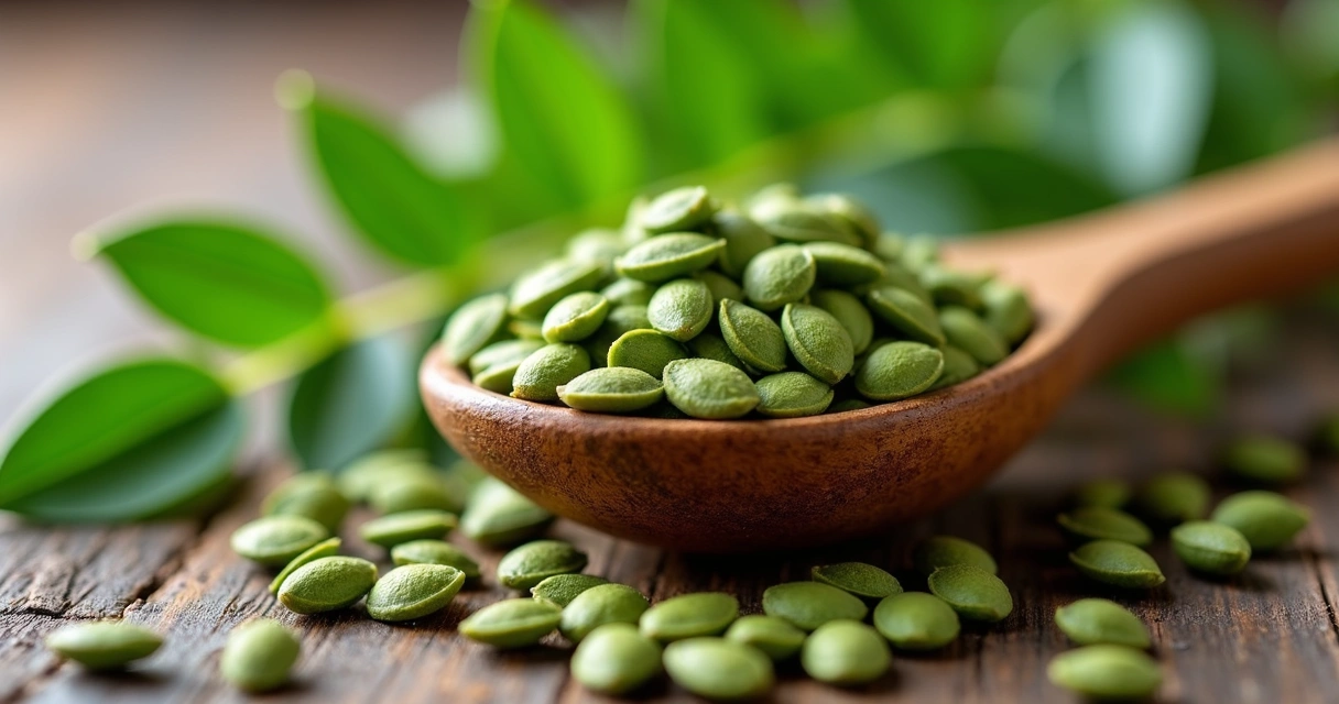 Colher com sementes de moringa frescas e folhas ao redor 