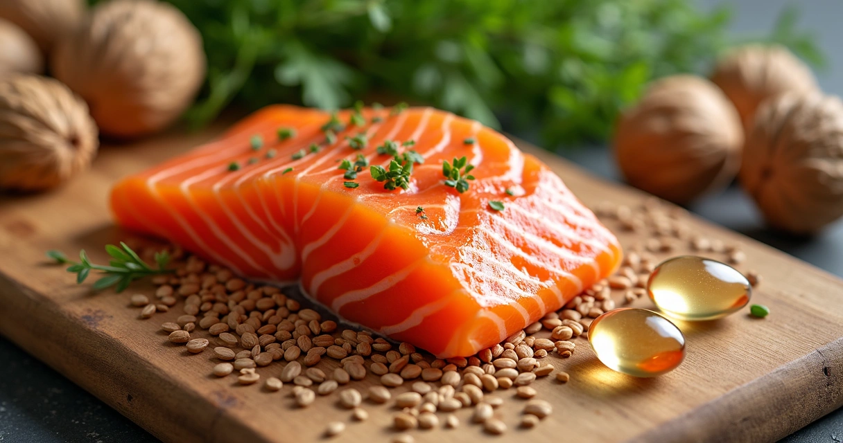 Sementes de linhaça, salmão e castanhas ao lado de cápsulas de ômega-3 