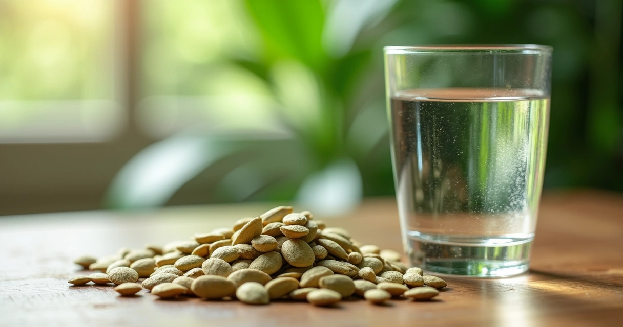 Sementes de moringa ao lado de um copo de água limpa