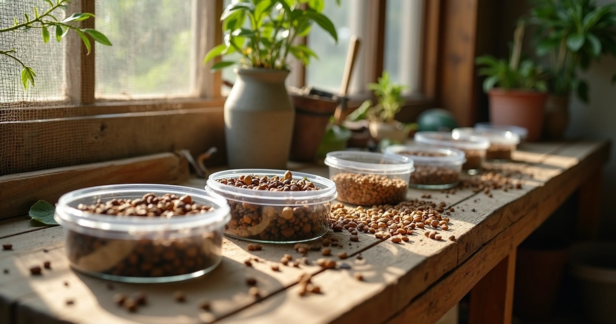 Sementes organizadas em recipientes na bancada do viveiro 