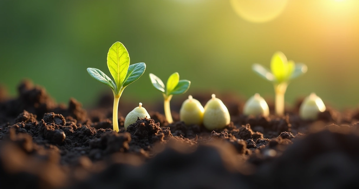 Sementes de plantas começando a germinar em solo escuro, vista de cima 