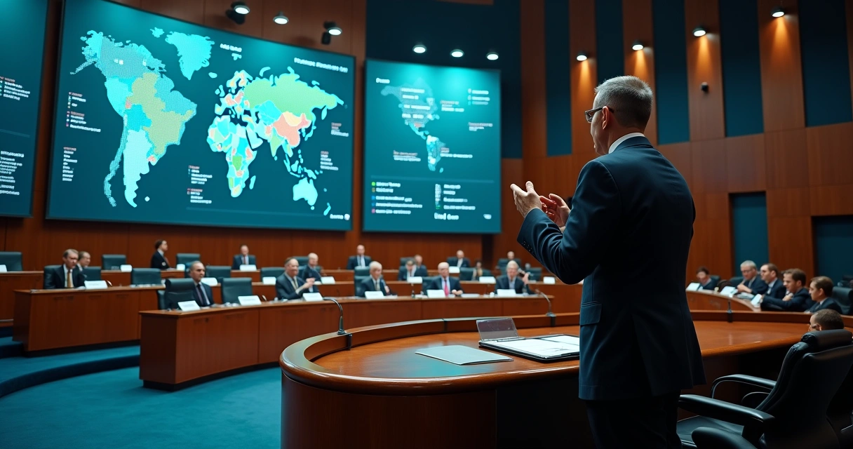 Senador em plenário moderno com painel digital ao fundo 