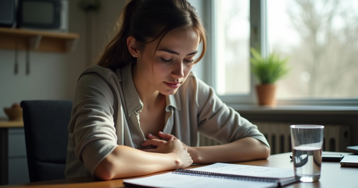 Persona sentada observando notas mientras toca su pecho y respira con atención