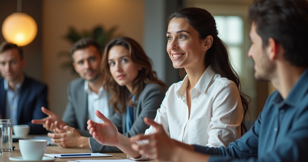 Persona hablando en reunión con gestos abiertos y mirada empática