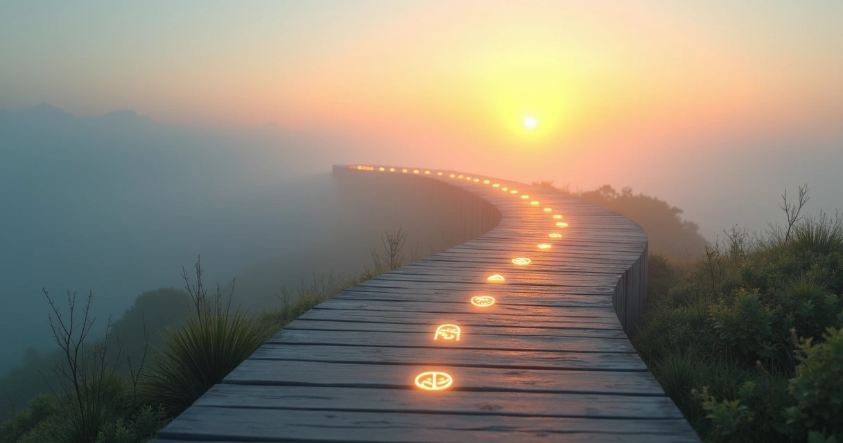 Camino iluminado con íconos que representan hábitos mentales positivos y sostenibles 