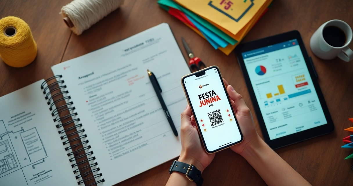Mão segurando ingresso digital ao lado de caderno com planejamento de festa junina 