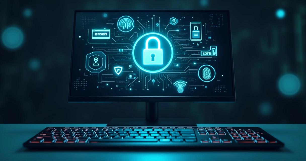 Teclado de computador com uma tela mostrando um cadeado digital protegido por autenticação de dois fatores