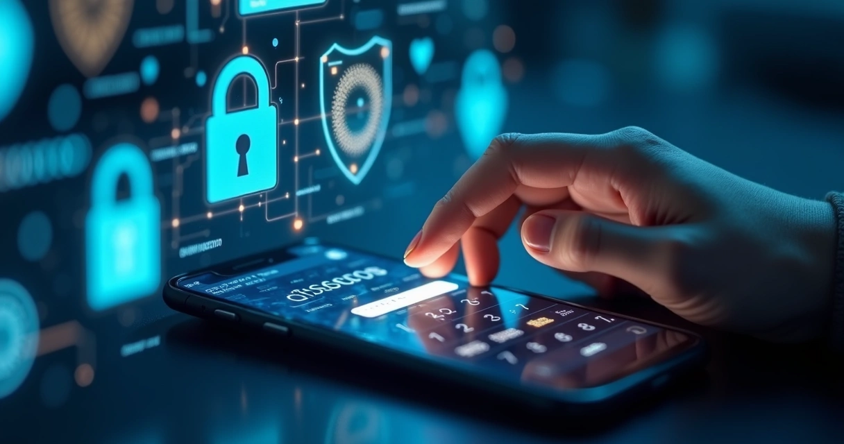 Mão digitando senha segura em smartphone com símbolos de cadeado e proteção digital ao redor 