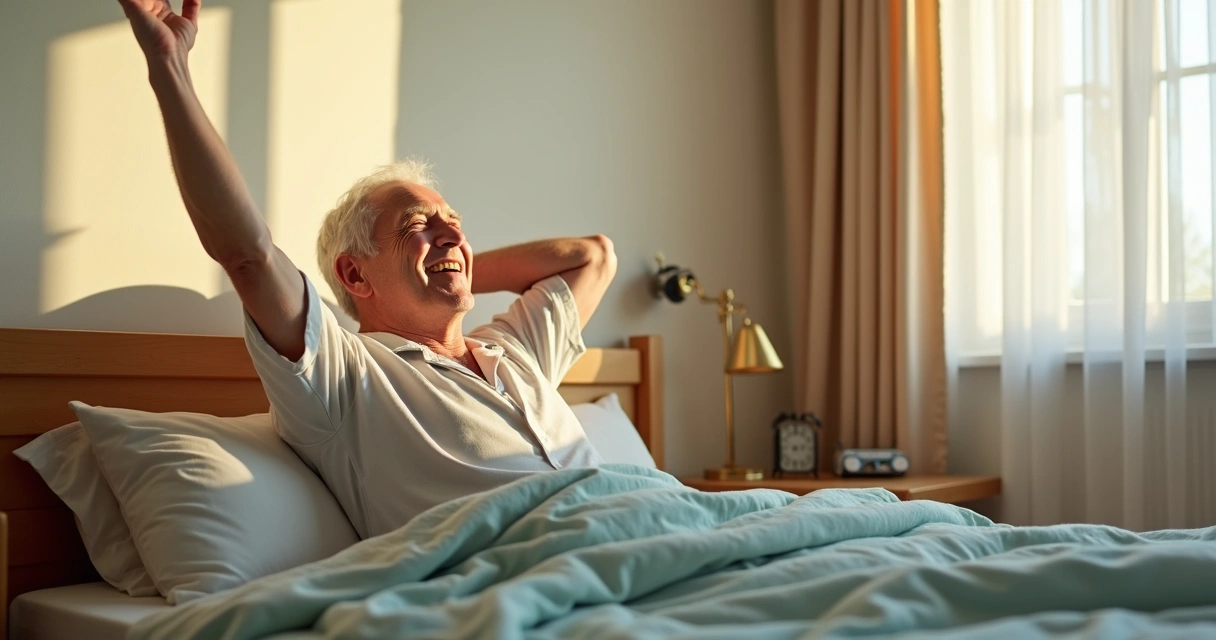 Idoso acordando sorridente sentado na cama de manhã 