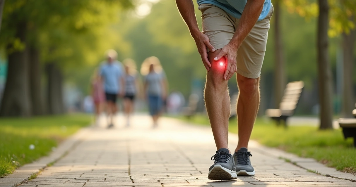 Homem sênior caminhando em parque urbano tocando levemente o joelho enquanto sente estalos. 