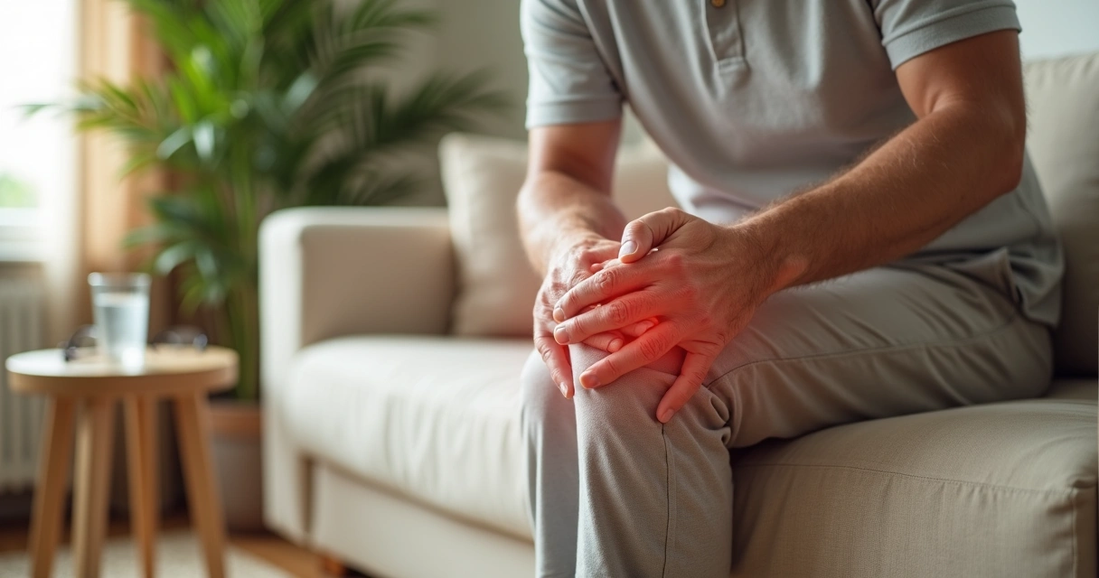 Homem mais velho segurando o joelho com dor ao tentar dobrar a perna sentado no sofá 