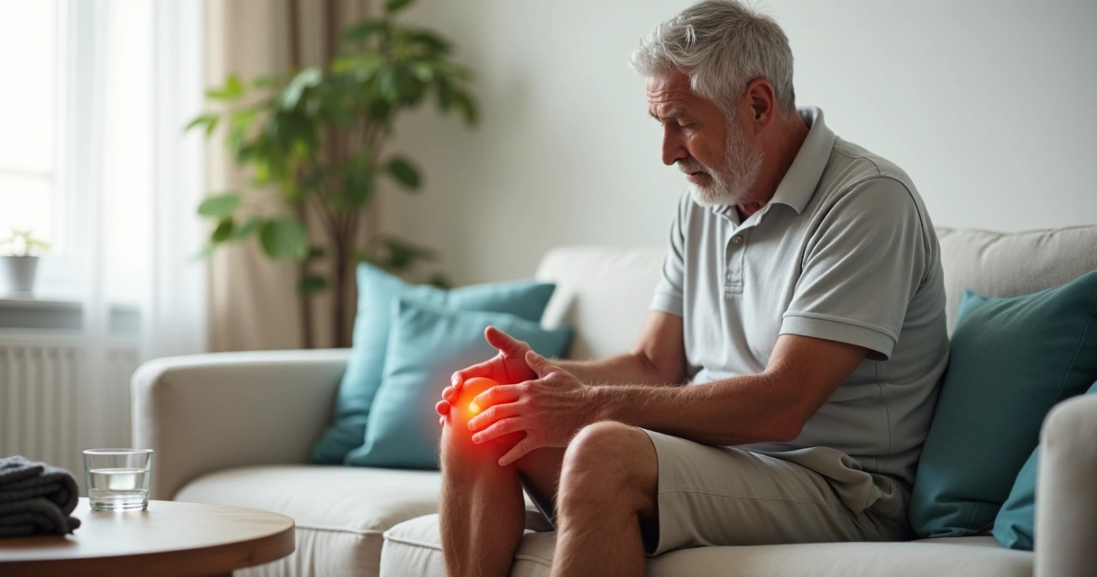 Homem idoso segurando a lateral do joelho dolorido sentado no sofá 