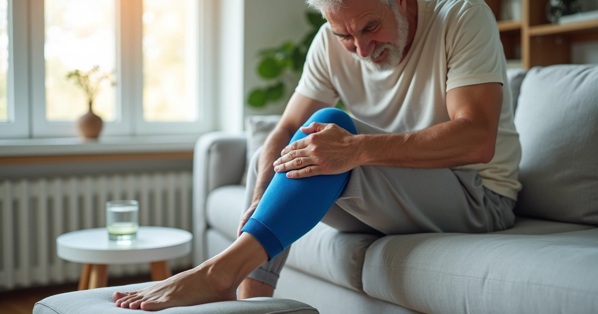 Homem maduro sentado no sofá com dor no joelho segurando uma compressa 