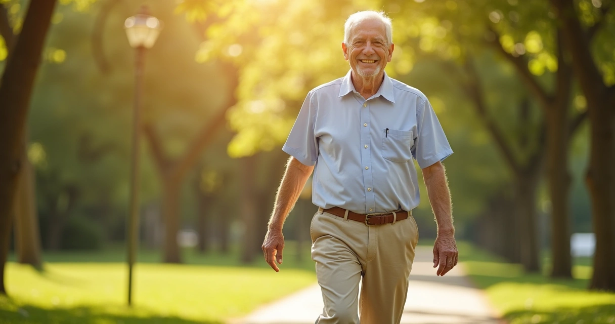 Idoso caminhando sorrindo em parque ensolarado