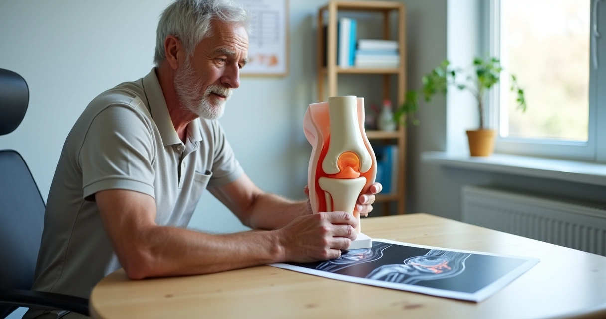 Homem maduro observa modelo anatômico do joelho com destaque para o menisco 