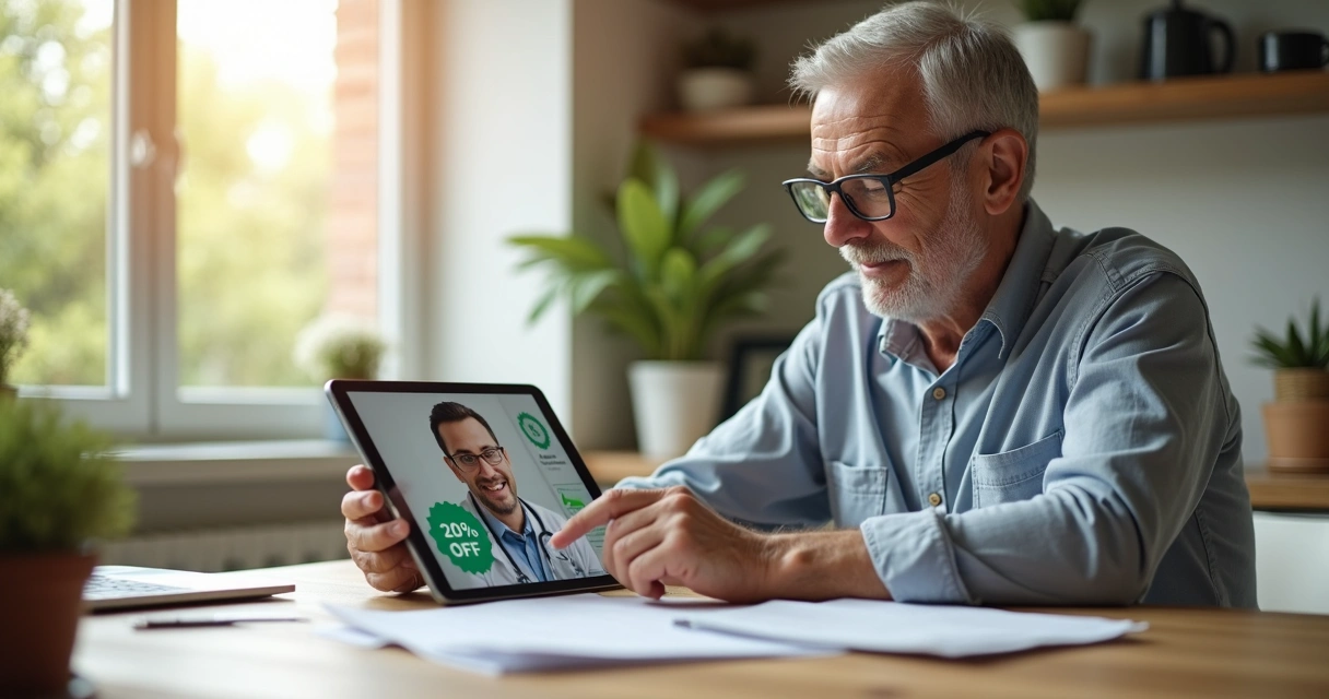 Homem sênior sentado na cozinha olhando para tablet com médico em videochamada e destaque de desconto na tela 