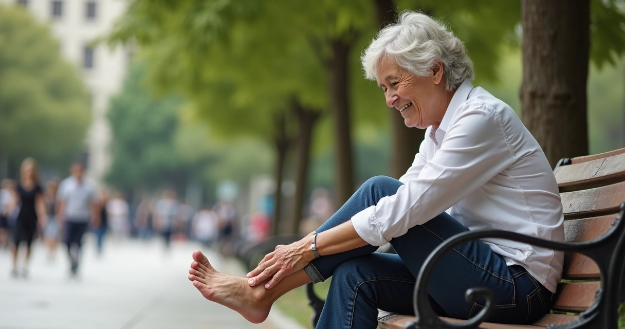 Mulher de meia-idade relaxando após remover o calçado sentado em banco de praça 