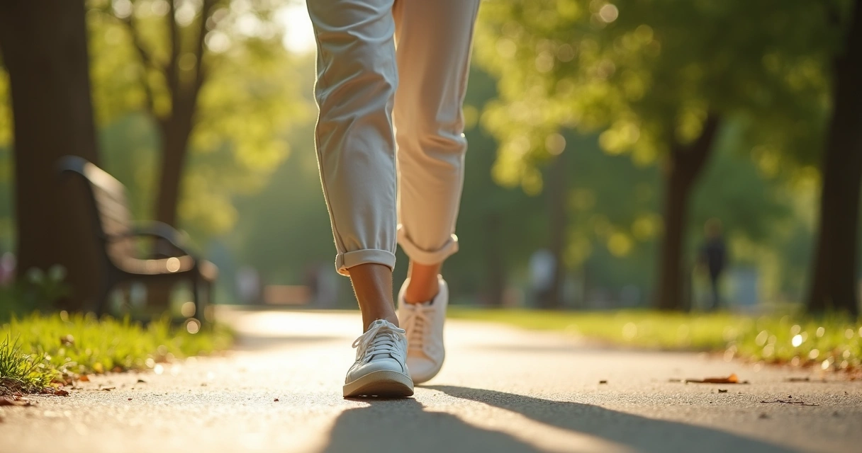 Mulher sênior caminhando devagar em parque com pés levemente inchados 