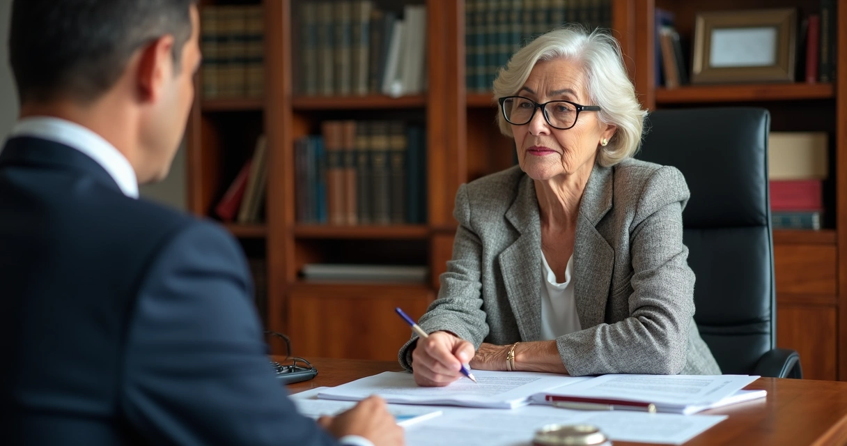 Mulher idosa em consulta jurídica revisando documentos com advogado 